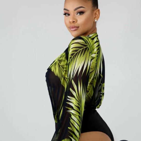 Leaf Print Plunge Bodysuit - Picture 2 of 3